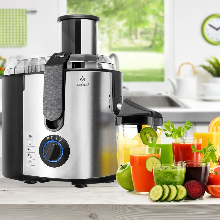 KESSER Entsafter für Obst und Gemüse, aus Edelstahl, 1100W, große 85 mm Einfüllöffnung, inkl. Reinigungsbürste und Saftbehälter, 3 Geschwindigkeitsstufen, Saftpresse Juicer, silber – Bild 1