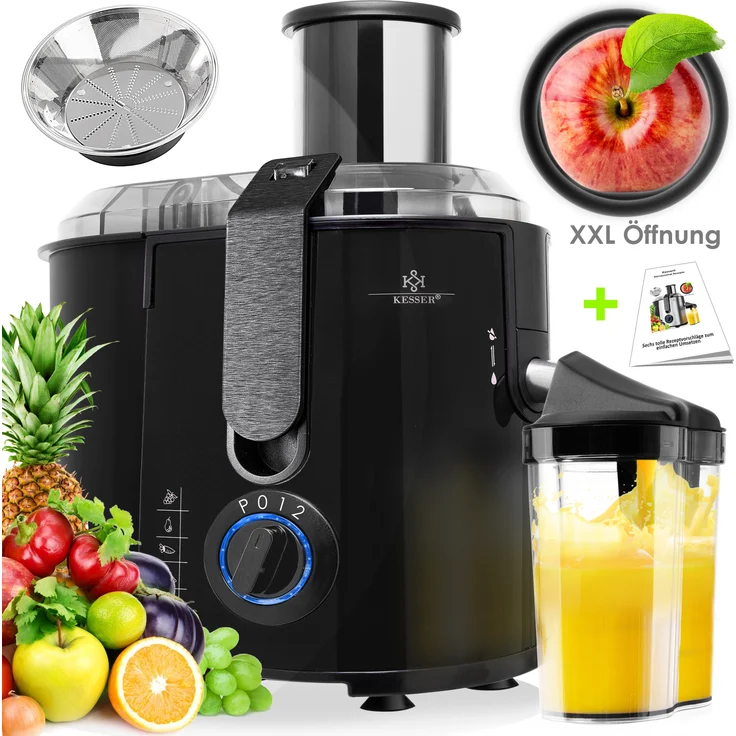 KESSER Entsafter für Obst und Gemüse, aus Edelstahl, 1100W, große 85 mm Einfüllöffnung, inkl. Reinigungsbürste und Saftbehälter, 3 Geschwindigkeitsstufen, Saftpresse Juicer, schwarz – Bild 1