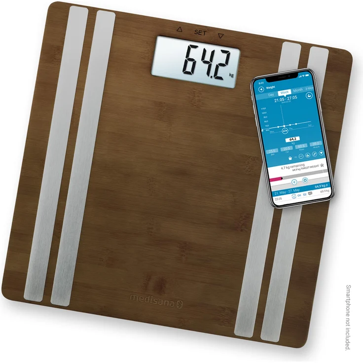 medisana BS 552 connect, digitale Bambus-Körperanalysewaage bis 180kg, Personenwaage zur Messung von Körperfett, Körperwasser, Muskelmasse und Knochengewicht, Körperfettwaage mit Körperanalyse App – Bild 1