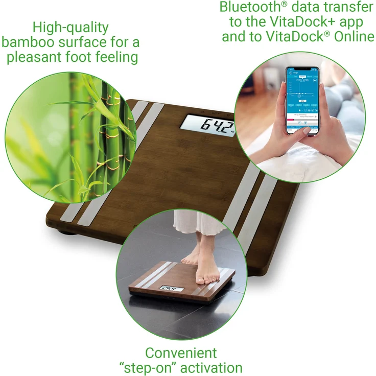 medisana BS 552 connect, digitale Bambus-Körperanalysewaage bis 180kg, Personenwaage zur Messung von Körperfett, Körperwasser, Muskelmasse und Knochengewicht, Körperfettwaage mit Körperanalyse App – Bild 6
