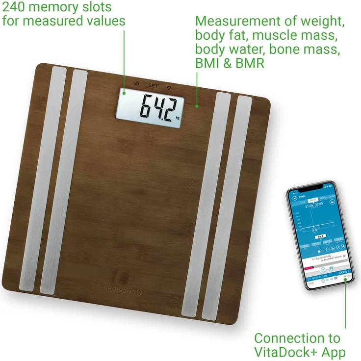 medisana BS 552 connect, digitale Bambus-Körperanalysewaage bis 180kg, Personenwaage zur Messung von Körperfett, Körperwasser, Muskelmasse und Knochengewicht, Körperfettwaage mit Körperanalyse App – Bild 5