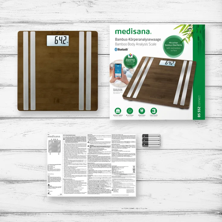 medisana BS 552 connect, digitale Bambus-Körperanalysewaage bis 180kg, Personenwaage zur Messung von Körperfett, Körperwasser, Muskelmasse und Knochengewicht, Körperfettwaage mit Körperanalyse App – Bild 7