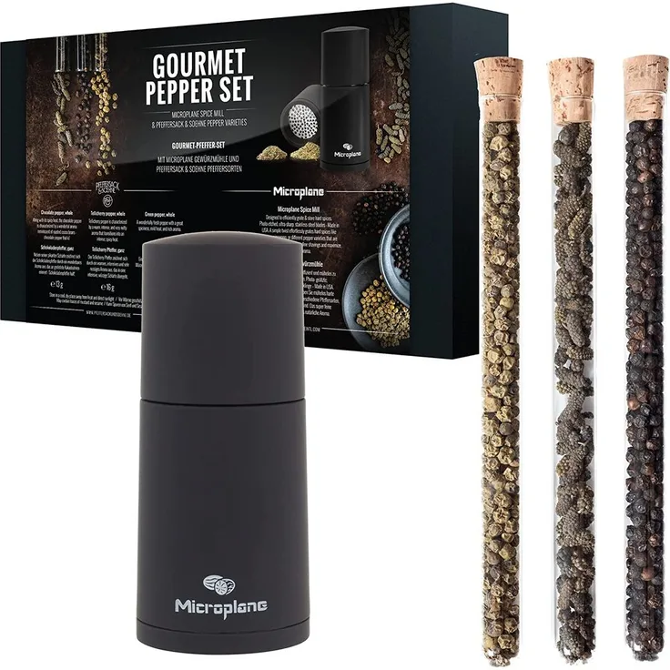 Microplane Geschenkset GOURMET Gewürzmühle mit Tellicherry Pfeffer, Grüner Pfeffer & Schokoladenpfeffer