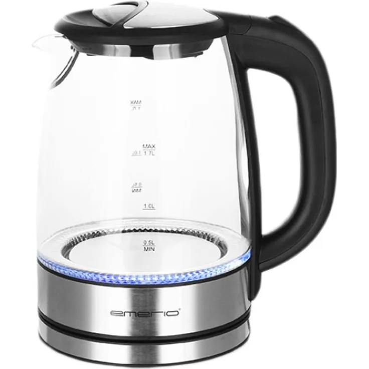 Emerio WK-119988 Glas-Wasserkocher, 1,7L, 2200W, kabellos, Kalkfilter, Trockengehschutz, kabellos, Wasserstandsanzeige , BPA-frei, silber, schwarz