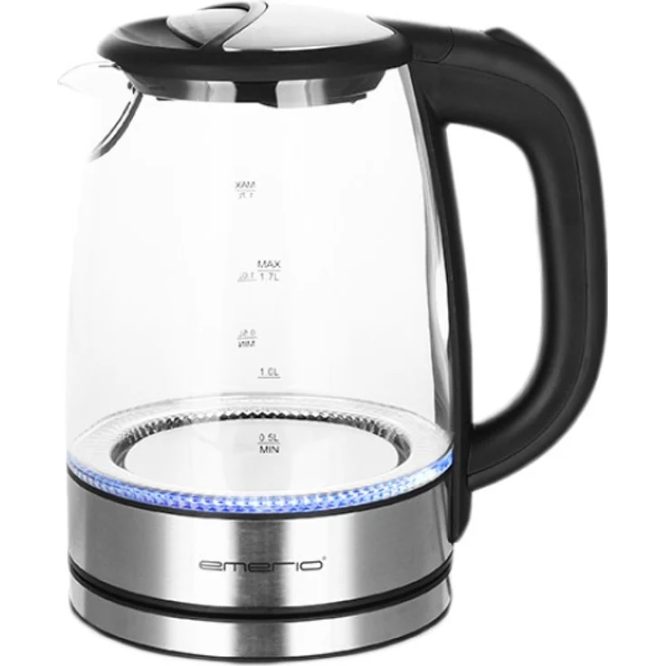 Emerio WK-119988 Glas-Wasserkocher, 1,7L, 2200W, kabellos, Kalkfilter, Trockengehschutz, kabellos, Wasserstandsanzeige , BPA-frei, silber, schwarz
