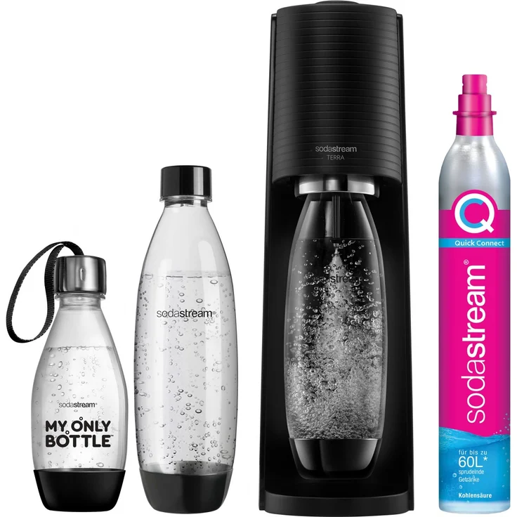 SodaStream Terra Wassersprudler, Vorteilspack mit 3 PET-Flaschen, CO2-Zylinder 60L schwarz – Bild 1
