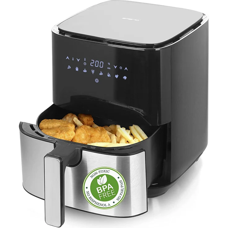 Emerio AF-126323 Heißluftfritteuse, ohne Fett, 1450 Watt, LED-Display, Touch, 8 Kochprogramme, 5 Liter, silber, schwarz – Bild 1