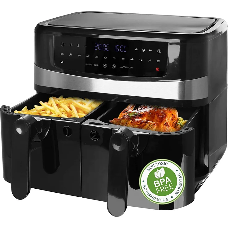 Emerio AF-126672 Heißluftfritteuse, Doppel, Frittieren ohne Fett, 2 x 4,5 Liter, 12 Kochprogramme, 2400 Watt, LED-Display, schwarz – Bild 1
