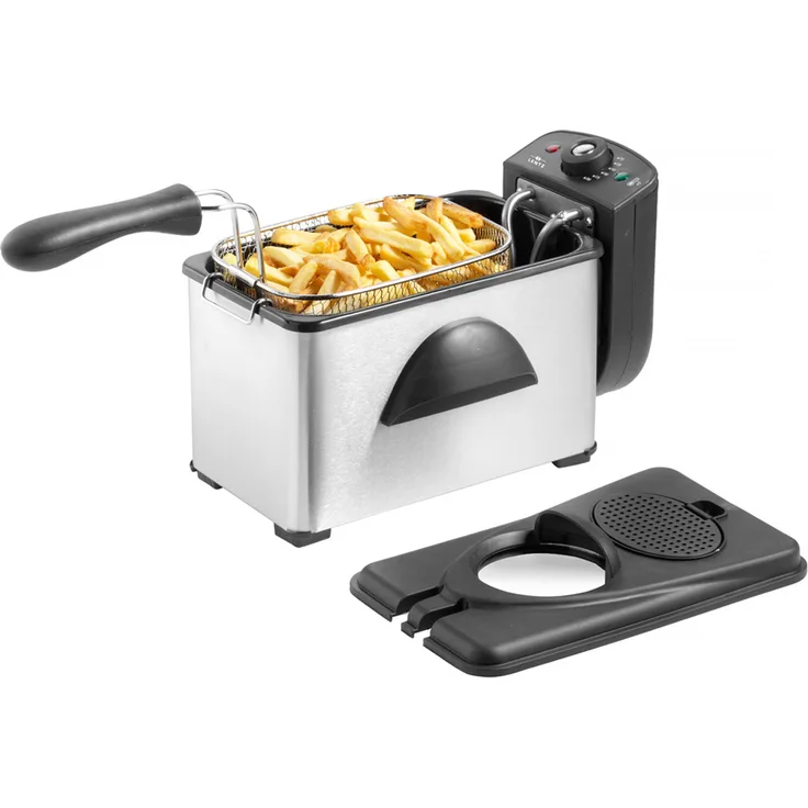 Lentz 10200 Edelstahl Kaltzonen-Fritteuse, 3 Liter, 2000 Watt, Kontrollleuchte, mit Deckel, inkl. Fritierkorb, silber, schwarz