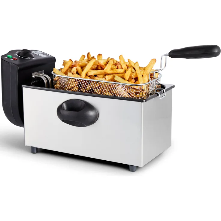 Deski 613-400959 Fritteuse 3 Liter Edelstahl, Kaltzonen Fritteuse 2000 W, Thermostat, anbehmbarer Deckel, herausnehmbarer Frittierkorb, 2 zusätzliche Handgriffe, Sicherheitsabschaltung