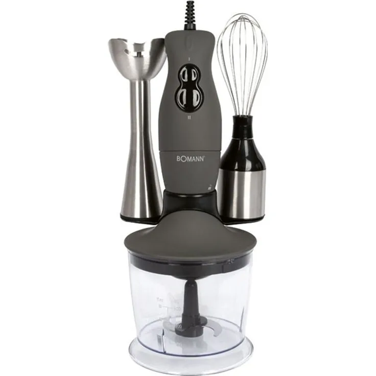 Bomann 4004470605426 Stabmixer-Set 3in1, 400 Watt, inkl. Mixbehälter (0,7 L), Edelstahl-Schneebesen, Multizerkleinerer (0,5 L), Kunststoff, edelstahl-titan