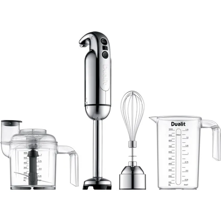 Dualit DHB2 Stabmixer, 700 Watt, 1 Liter, inkl. Messbecher, Zerkleinerer-Aufsatz, Schneebesen, Chromium, silber 