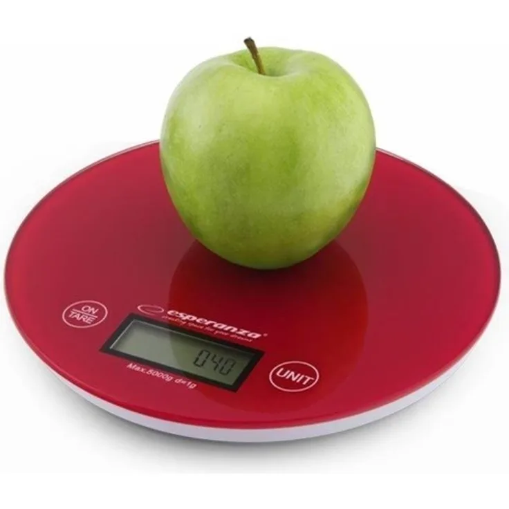 Esperanza MANFO EKS003R Küchenwaage, max. Tragkraft 5kg, 1 g Eintelung, LCD-Display, TARA-Funktion, rund, rot