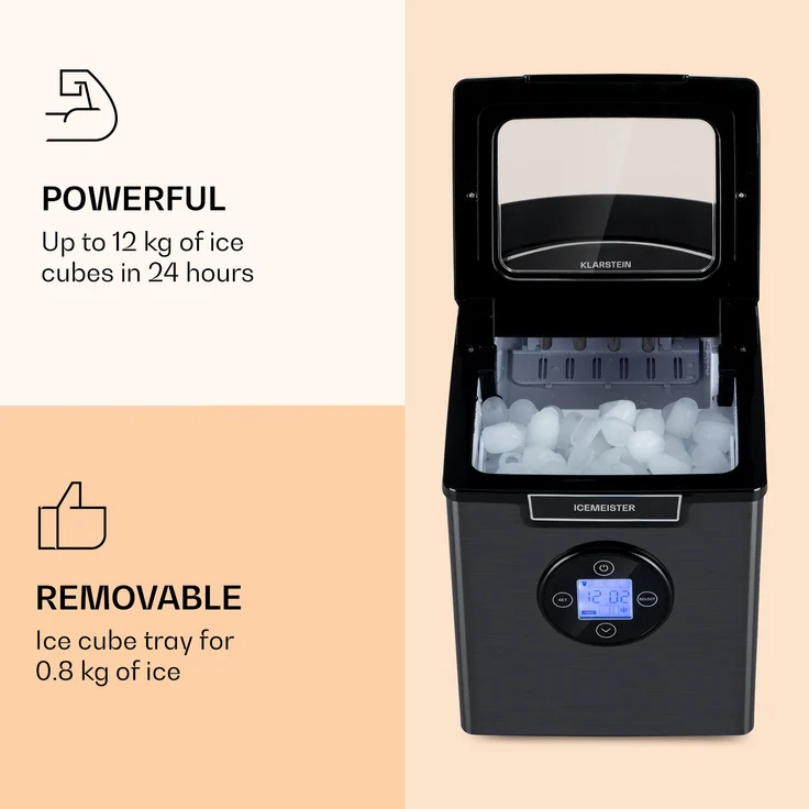 Klarstein Icemeister 2G Eiswürfelmaschine, 12kg-24h, LC-Display, 3 Eiswürfelgrößen, Sichtfenster, Edelstahl, dunkelgrau – Bild 5