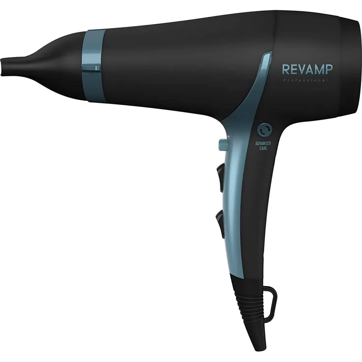 Revamp DR-4000-EU Progloss 4000 Advanced Protect & Care Haartrockner, tragbarer Profi-Föhn mit Glättungsdüse und fortschrittlichen Pflegeprogrammen, 2500W, Ionen-Technologie für glattes & frizz-freies Haar, schwarz, hellblau
