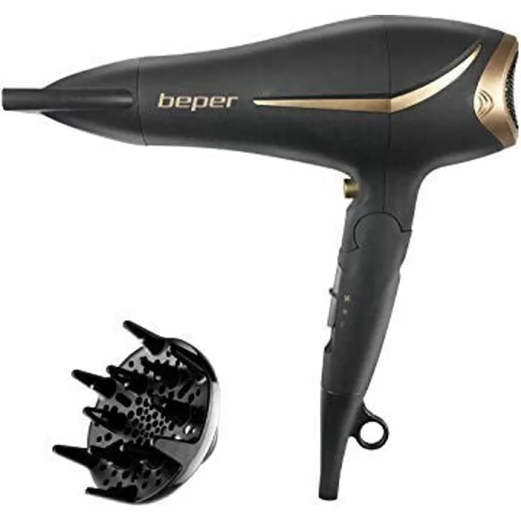 Beper 40404 Haartrockner, Ionen-Technologie, inkl. Stylingdüse, Diffusor, gold, schwarz