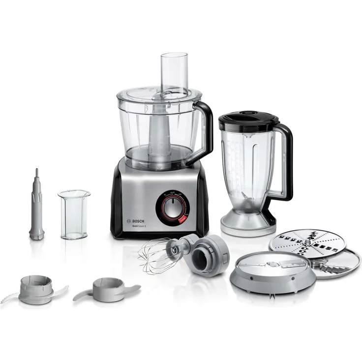 Bosch MC812M814 MultiTalent 8 Foodprozessor, 3,9L, 1250W, inkl. Mixeraufsatz (1,5L), Raspel-Wendescheibe, Schneid-Wendescheibe, Pommes-Frites-Scheibe, Wendescheibe, schwarz, silber