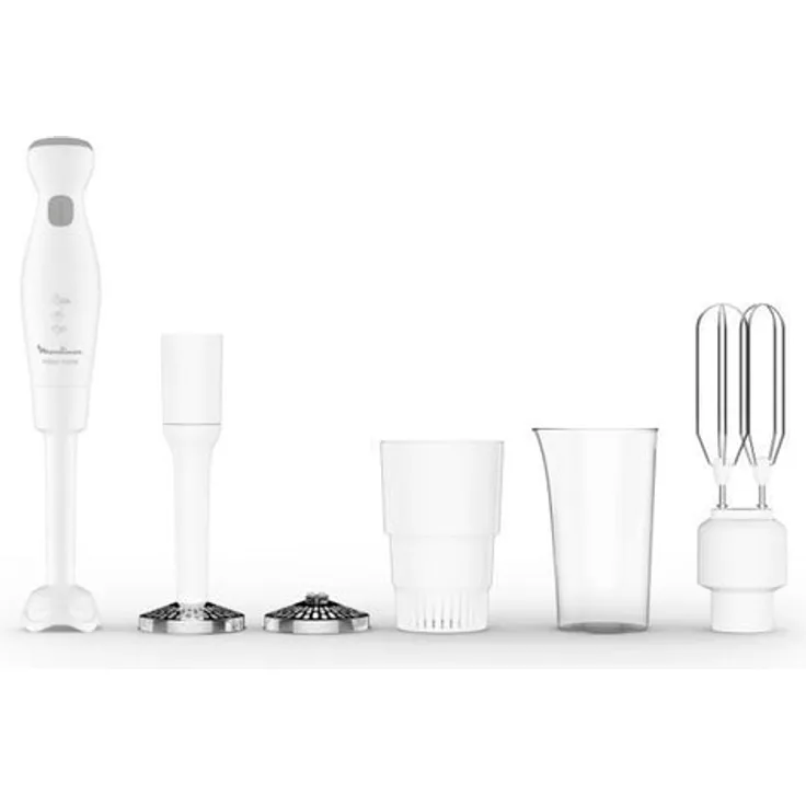 Moulinex DDG25110 Stabmixer, 450W, 0,8 Liter, 2 Geschwindigkeitsstufen, inkl. Schneebesen, Kartoffelstampfer, Messbecher, Fugenfilter, weiß