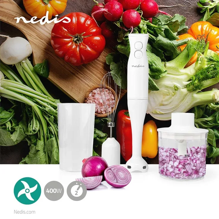 Nedis KAHB120CWT Stabmixer, 400 W, 2 Geschwindigkeitsstufen, innkl. Schneebesen, Zerkleinerer-Aufsatz 350ml, Mixbehälter 700ml, Kunststoff, weiß