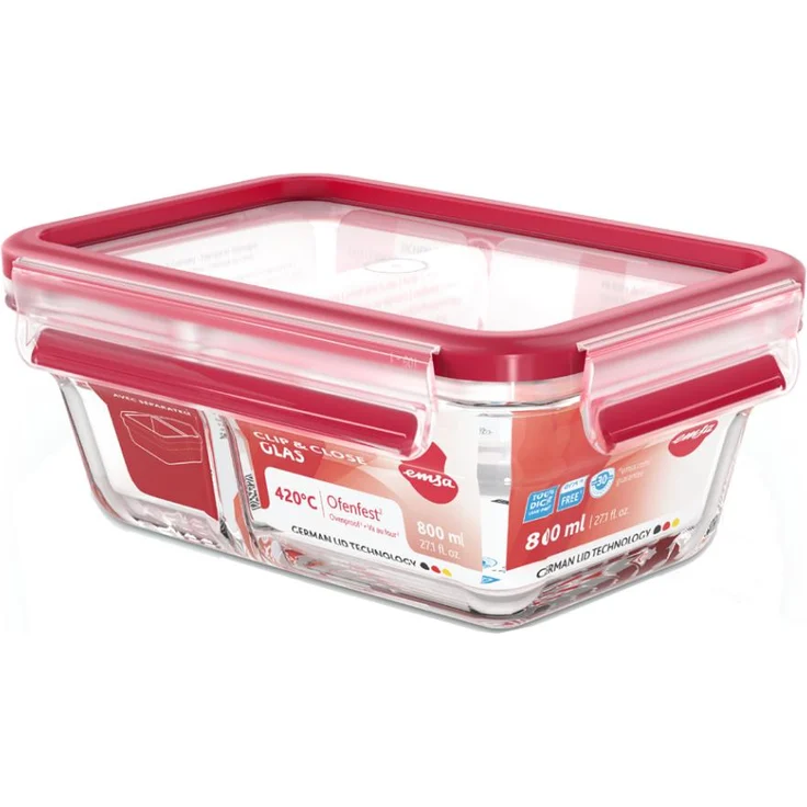 emsa Frischhaltedose CLIP & CLOSE Glas, 0,80 Liter, eckig – Bild 1