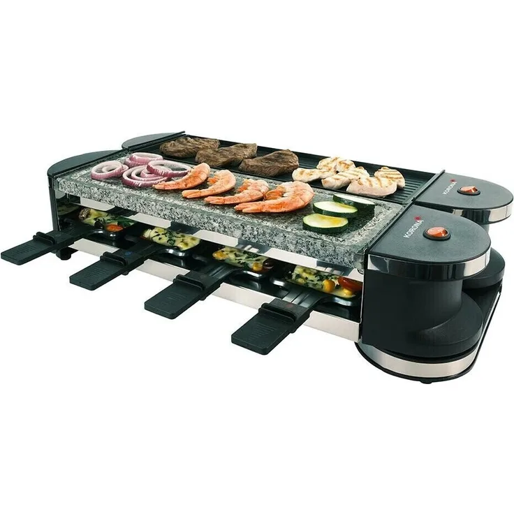 Korona 45071 Raclette-Grill, 1200 Watt, für 8 Personen, elektrisch, inkl. 8 Spachtel, 8 Pfännchen, 38 x 12 cm Grillfläche, schwarz