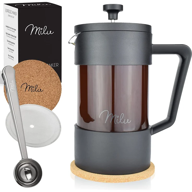 Milu French Press Kaffeebereiter | 350ml, Glas Kaffeepresse, Kaffeezubereiter für Zuhause Reisen Camping inkl. Untersetzer, Löffel, Ersatzfilter (Schwarz, 350ml (2 Tassen) – Bild 1