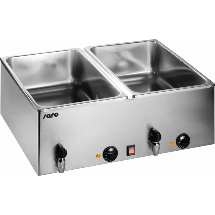 Saro Modell BMH 160-2 Bain Marie, Maße: 690 x 600 x 245 mm, 1200 Watt, elektrisch, Edelstahl, Kontrollleuchte, Ein- und Ausschalter, Innenbehälter tiefgezogen, Nahtloser oberer Rand, silber