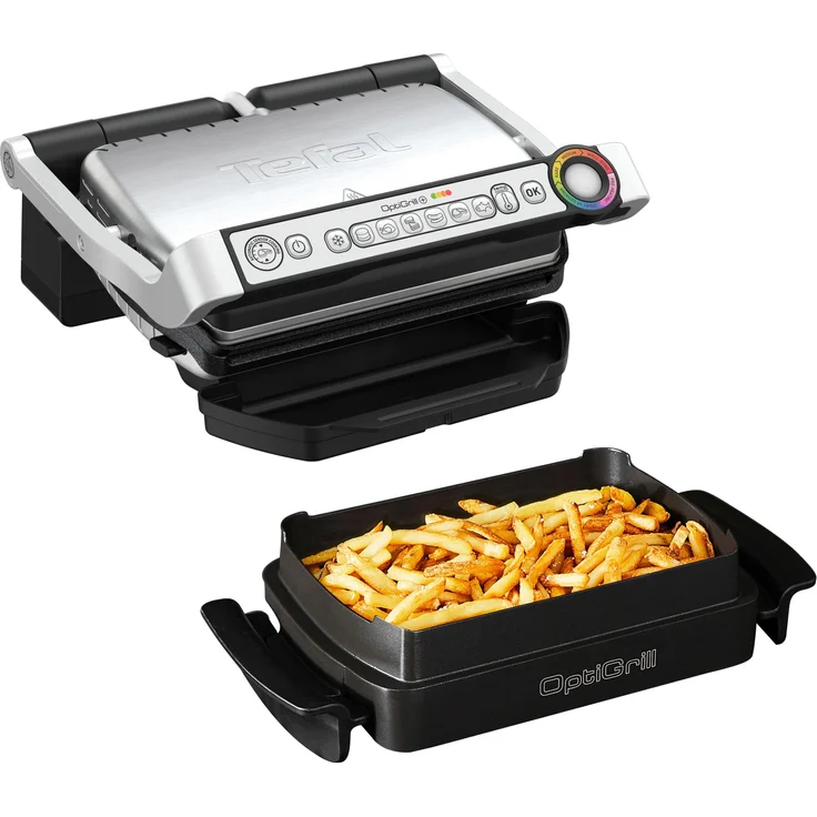 Tefal GC714D OptiGrill+ Kontaktgrill, 2000 Watt, inkl. Snacking & Baking Zubehör, manueller Modus, 4 Temperatureinstellungen, 6 Grillprogramme, Garstufenanzeige, Messung der Dicke des Grillguts, Saftauffangbehälter und abnehmbare Platten spülmaschinenfest, – Bild 1