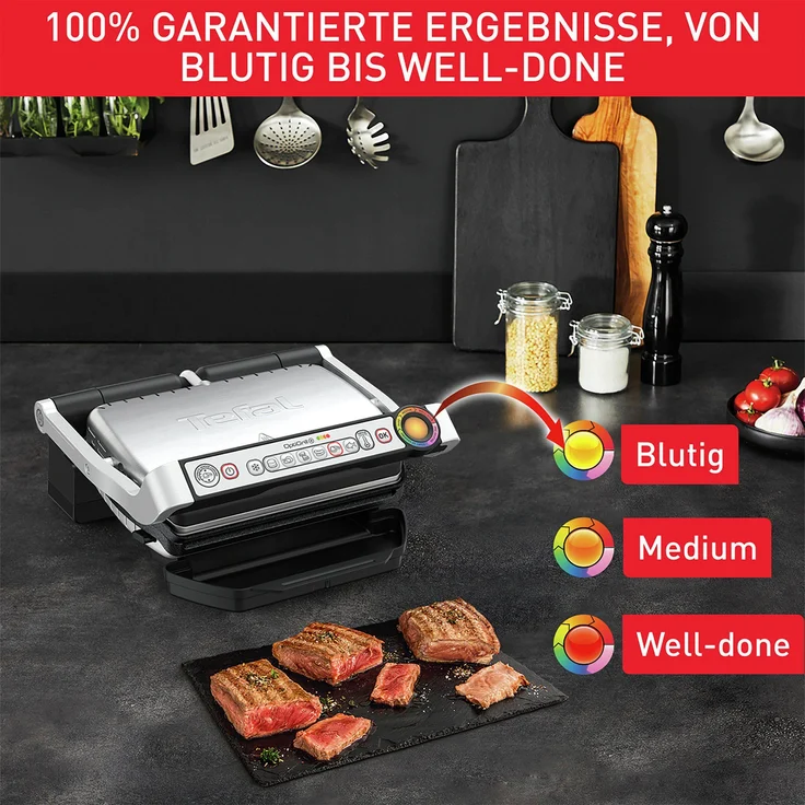 Tefal GC714D OptiGrill+ Kontaktgrill, 2000 Watt, inkl. Snacking & Baking Zubehör, manueller Modus, 4 Temperatureinstellungen, 6 Grillprogramme, Garstufenanzeige, Messung der Dicke des Grillguts, Saftauffangbehälter und abnehmbare Platten spülmaschinenfest, – Bild 7