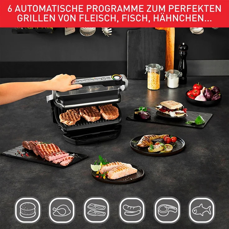 Tefal GC714D OptiGrill+ Kontaktgrill, 2000 Watt, inkl. Snacking & Baking Zubehör, manueller Modus, 4 Temperatureinstellungen, 6 Grillprogramme, Garstufenanzeige, Messung der Dicke des Grillguts, Saftauffangbehälter und abnehmbare Platten spülmaschinenfest, – Bild 8
