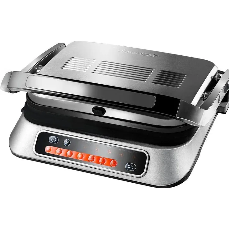 Hanseatic GC5005I-GS 83347967 Kontaktgrill, 2100 W, mit 7 voreingestellten Grillprogrammen und Lichtindikator, Fettauffangschale, Überhitzungsschutz, silber