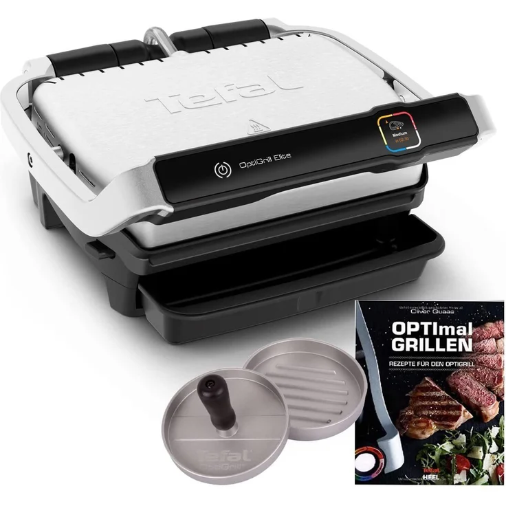 Tefal Elite Kontaktgrill, 2000 W, Elektrischer Optigrill + Original Hamburgerpresse + Rezeptbuch, Indoor Elektro Grill, 12 automatische Programme, Intuitiver Sensor, Touch Display, silber – Bild 1