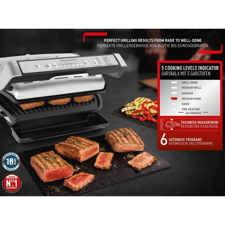 Tefal GC707D OptiGrill Deluxe Kontaktgrill, 2000 W, perfekte Grillergebnisse, 6 intelligente Programme, Auftaufunktion, 5 Garstufen, manuelles Programm, spülmaschinenfeste Platten, silber – Bild 6