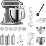 KitchenAid Artisan 5KSM185PSEMS Küchenmaschine Pasta-Paket, inkl. Pastavorsatz mit 6 Lochscheiben,Pastatrockner, Pastalöffel, 2 Rührschüsseln, Spritzschutz, Küchenmaschinenaufsatz, medaillon-silber, Serie: 5KSM185PS
