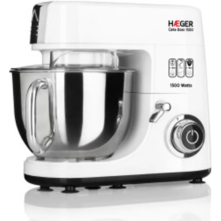 Haeger Cake Boss Küchen- und Knetmaschine mit Schüssel, 1500 W, 6 Liter Edelstahlschüssel mit Griff, Überhitzungsschutz, 6 Geschwindigkeiten, weiß