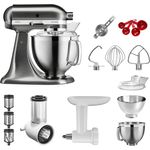 KitchenAid Artisan 5KSM185PSENK Küchenmaschine Starterpaket - Fleischwolf, Spritzgebäckvorsatz, Gemüseschneider, 2 Rührschüsseln, Küchenmaschinenaufsatz, Spritzschutz, Dosierlöffel, gebürstetes Metall, Serie: 5KSM185PS