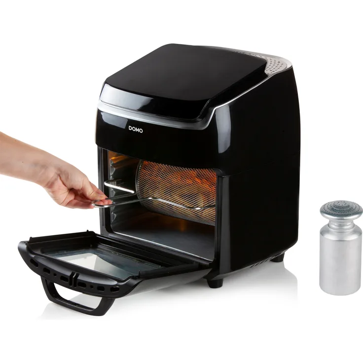 Domo Heißluftfritteuse, 1800 Watt, ohne Öl, mit Rotierkorb & Salzstreuer, 10 Liter, LCD-Display, bis 200?, Kunststoff, schwarz