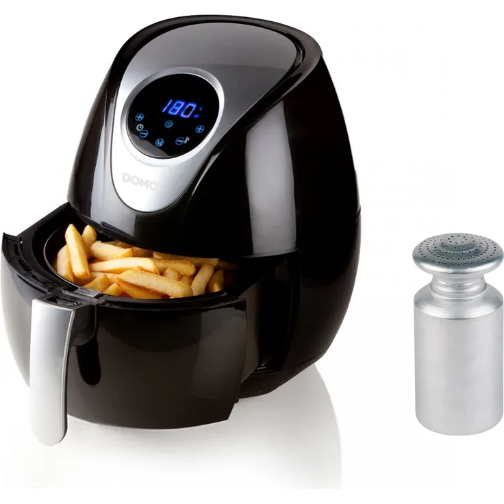 Domo DOS509FR Heißluftfritteuse, frittieren ohne Öl, low Fett, 3,5 Liter, 1400 Watt, inkl. Salzstreuer, Timerfunktion 30 Min, LCD-Display, Kunststoff, schwarz