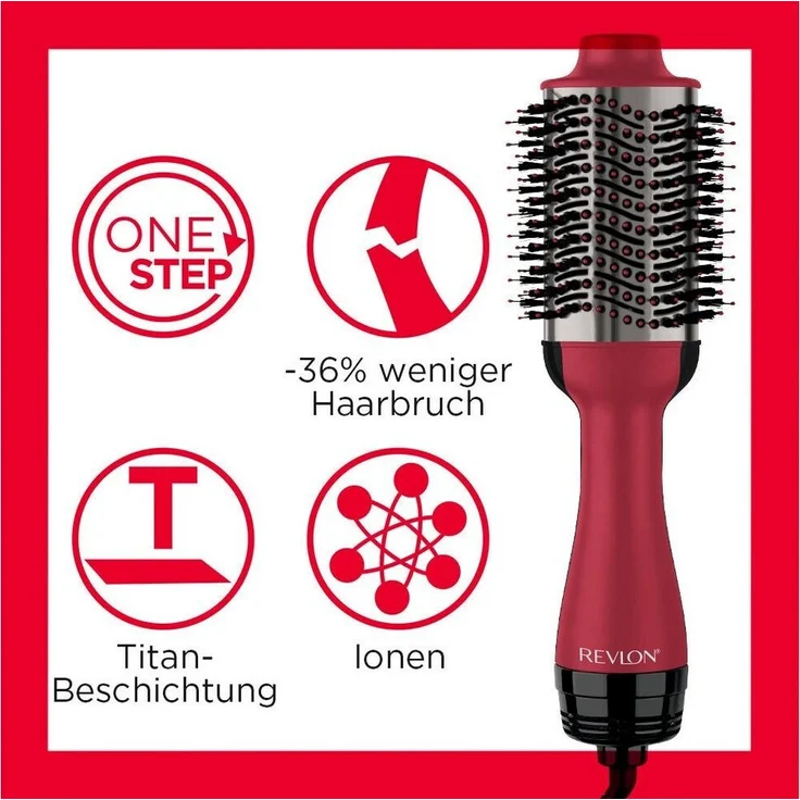 Revlon RVDR5279UKE One-Step Volumiser Warmluftbürste, 800 Watt, 3 Temperaturstufen, Kaltstufe, rot. schwarz – Bild 3