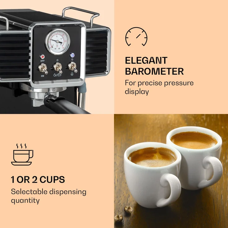 Klarstein Gusto Classico Espressomaker 1350 Watt 20 Bar Druck Wassertank: 1,5 Liter Schwarz – Bild 4