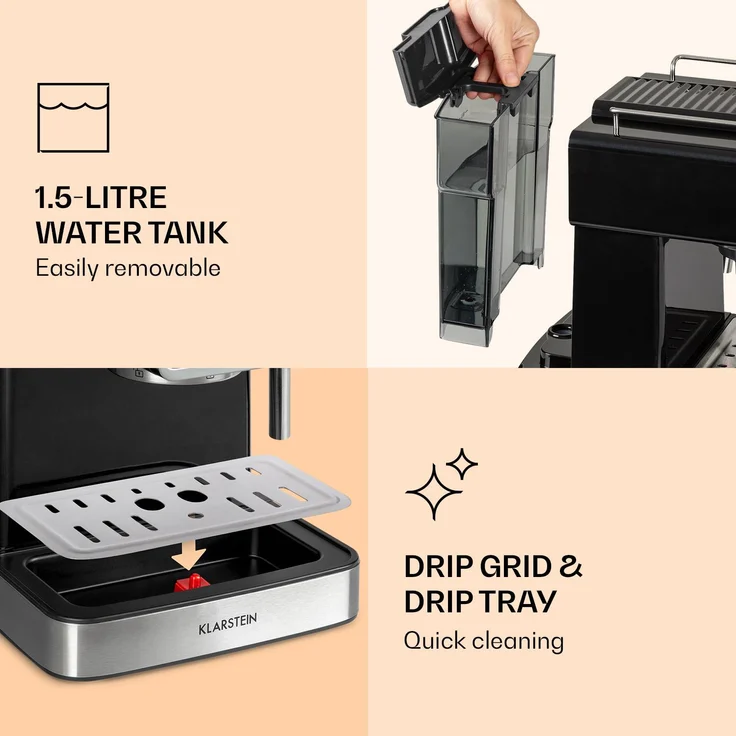 Klarstein Gusto Classico Espressomaker 1350 Watt 20 Bar Druck Wassertank: 1,5 Liter Schwarz – Bild 7