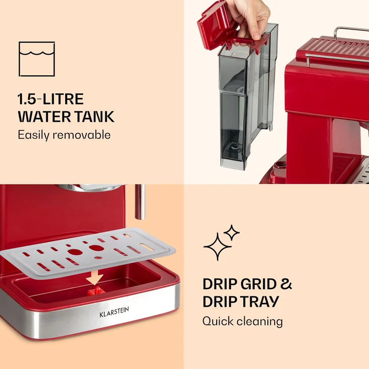 Klarstein Gusto Classico Espressomaker 1350 Watt 20 Bar Druck Wassertank: 1,5 Liter Rot – Bild 7