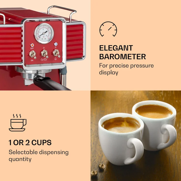 Klarstein Gusto Classico Espressomaker 1350 Watt 20 Bar Druck Wassertank: 1,5 Liter Rot – Bild 4