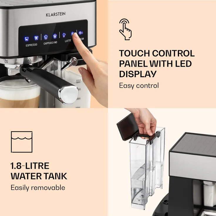 Klarstein Arabica Comfort Espressomaschine 1350W 20 Bar 1,8l Touch-Bedienfeld Edelstahl Silbergrau – Bild 5