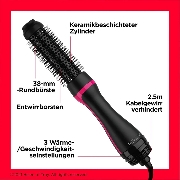 Revlon RVDR5292UKE Warmluftbürste, 38 mm, 3 Temperaturstufen, 820 Watt, Ionen-Technologie, Kaltstufe, rosa, schwarz – Bild 3