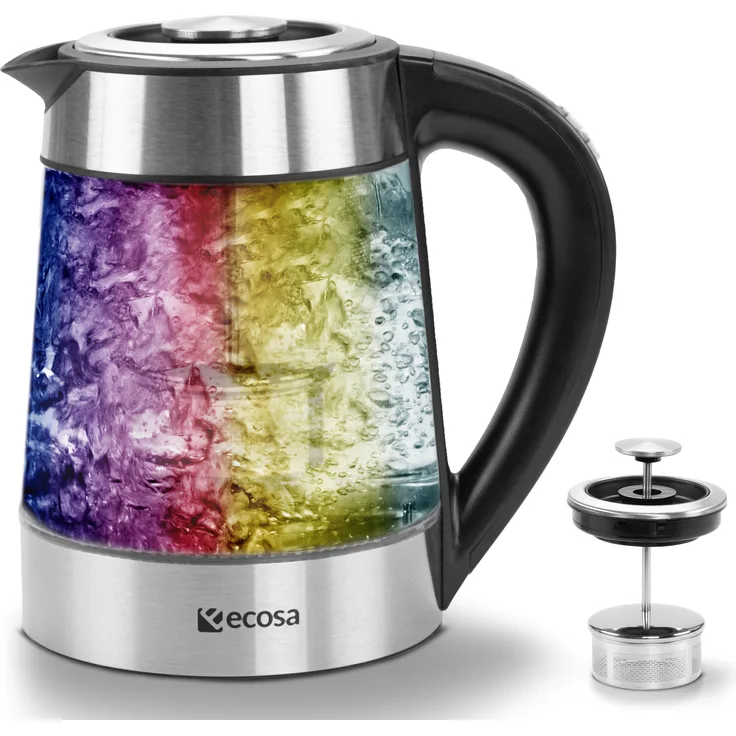Ecosa EO-650 Glas-Wasserkocher, 1,7 Liter, 2200 Watt, 40°C-100°C, Warmhaltefunktion, transparent, silber