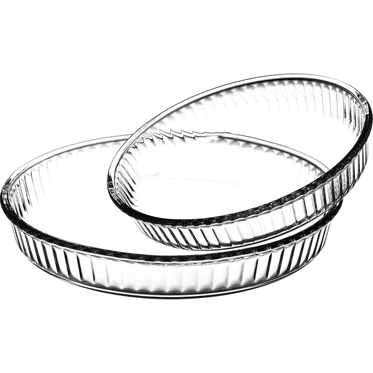 Pasabahce PB-159022 2-tlg. Borcam Auflaufformen, Rund, 1 x Ø 26 cm Höhe: 5cm 1 x Ø 32 cm Höhe: 5,5cm Spülmaschinen-, Mikrowellen-, Backofen- und Eisschrankgeeignet