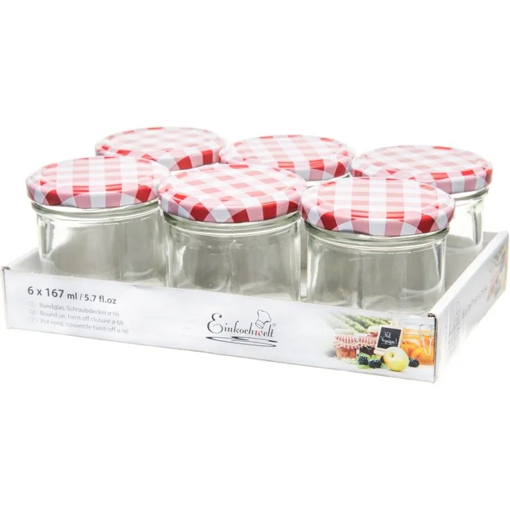 Einkochwelt 6er Tray 167 ml Glas TO66 mm mit Caps dunkelrot-weiß kariert