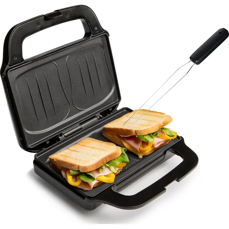 Domo DOS9195C Sandwichtoaster, für 2 XXL Sandwiches, 900W, inkl. Gabel, Anti-Rutsch-Füße, Überhitzungsschutz, Backampel, schwarz