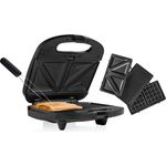 Tristar SAS3070 Kontaktgrill, Waffeleisen & Sandwichmaker 3in1, inkl. Gabel, Wechselplatten 21,5 x 12 cm, Temperaturkontrolle, Kabelaufwicklung, Überhitzungsschutz, schwarz, silber